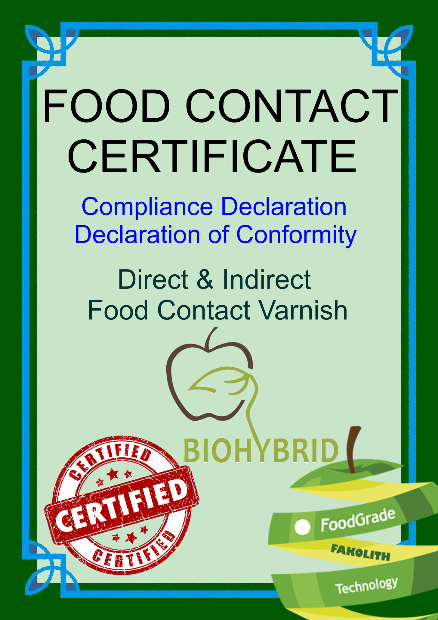 Food contact compliance declaration varnish,
