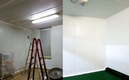 Painting or renewal of sandwich panel, metals, lacquered metals and similar with certified foodgrade paint or enamel for direct and indirect contact, in the food industry and health sectors.
